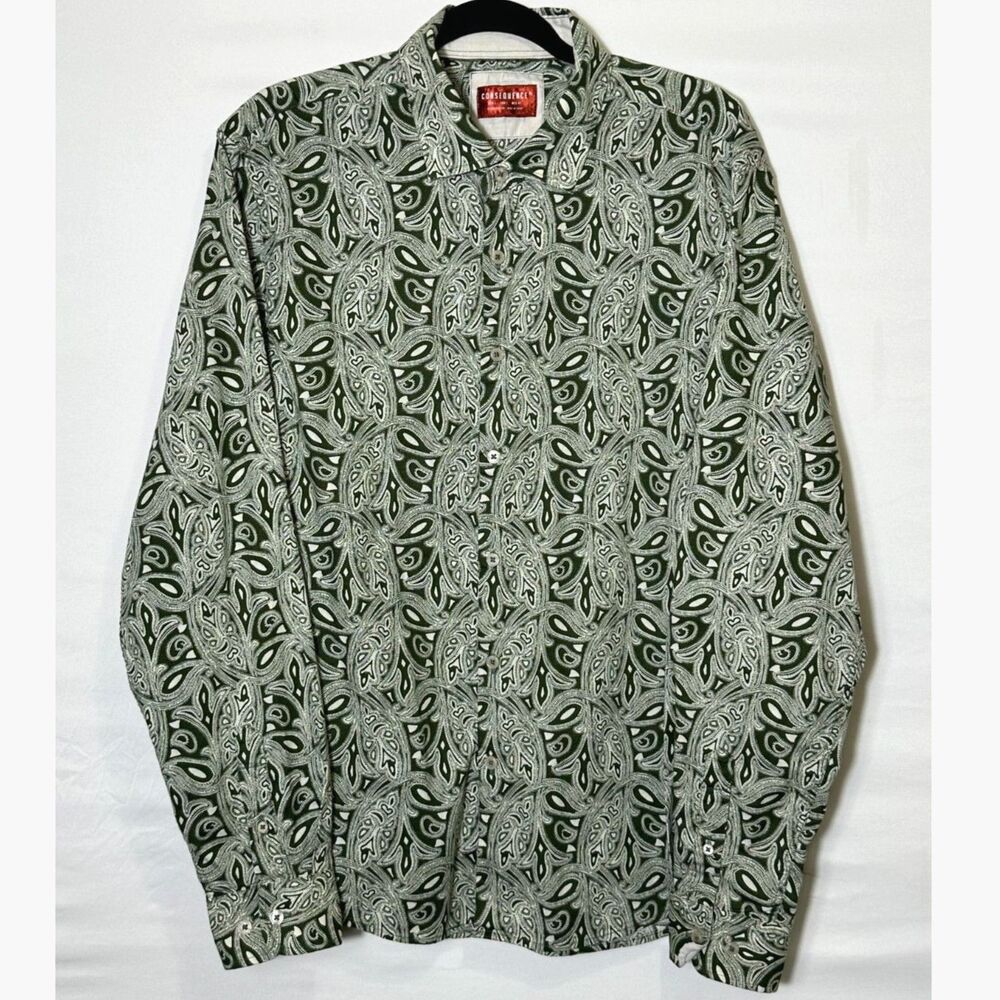 Consequence Men's BOHO Paisley Long Sleeve Button Down Shirt Size L Olive